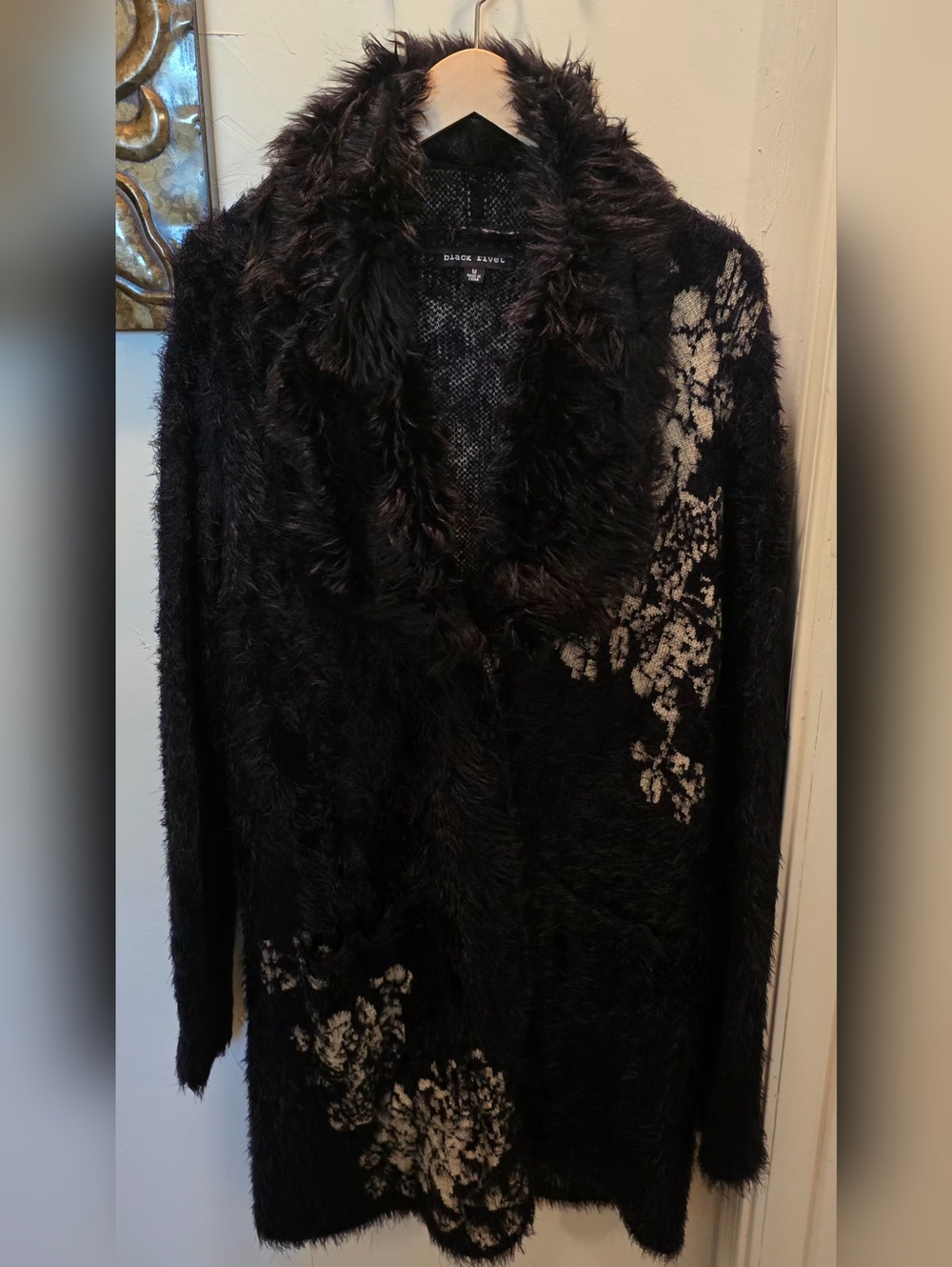 *NWOT Black Rivet Black Fuzzy Cardigan with Cream Floral Accents - Medium